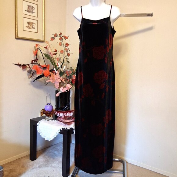 Vintage Separate Scene Black Red Floral Printed Maxi Evening Dress VTG Gowns - Picture 4 of 10
